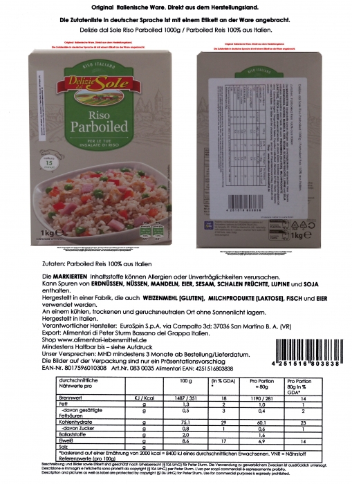 Delizie dal Sole Riso Parboiled 1000g / Parboiled - Alimentari di Peter  Sturm